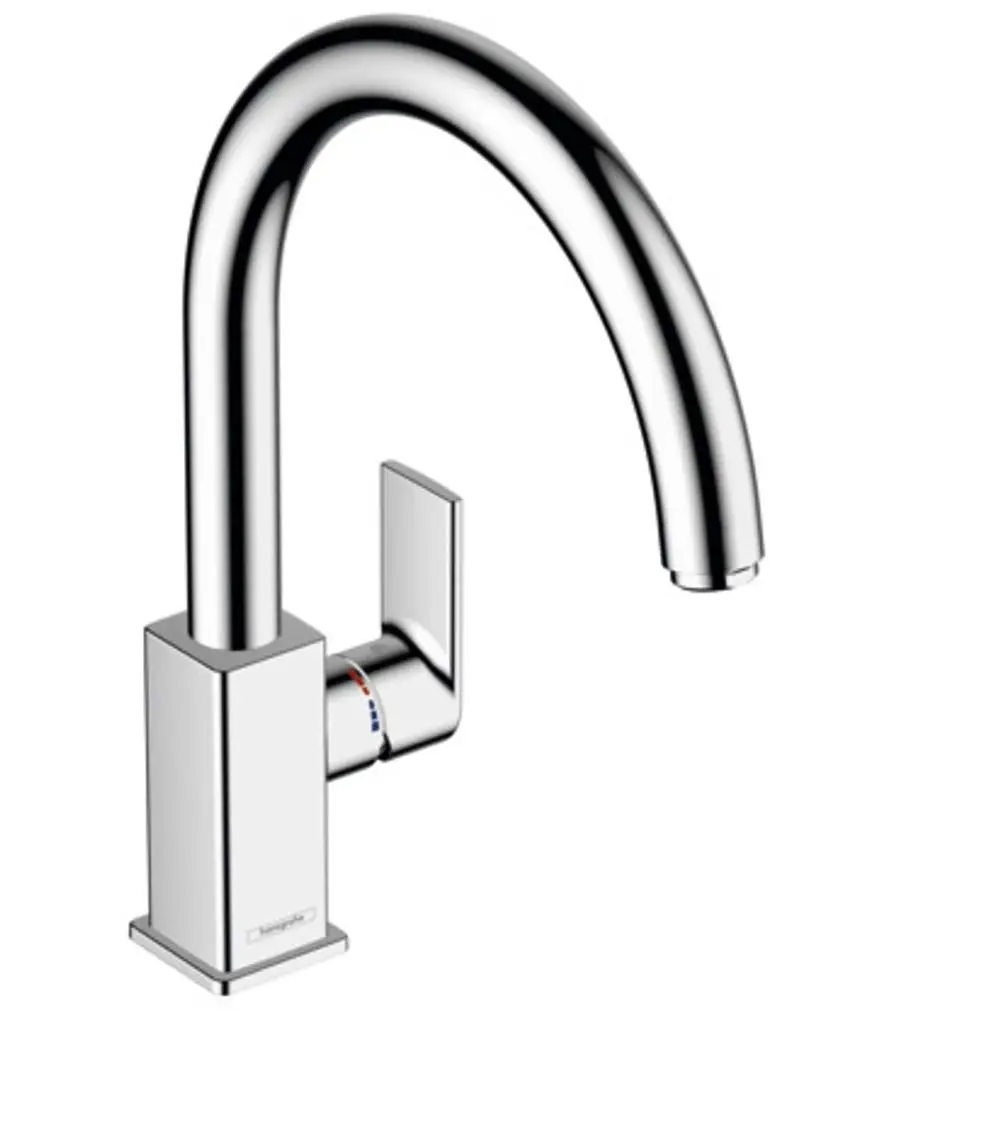 Chromfarbener Spültischmischer von Hansgrohe mit hoher, geschwungener Auslaufform und schmalem Griff für die Temperatur- und Mengenregulierung.